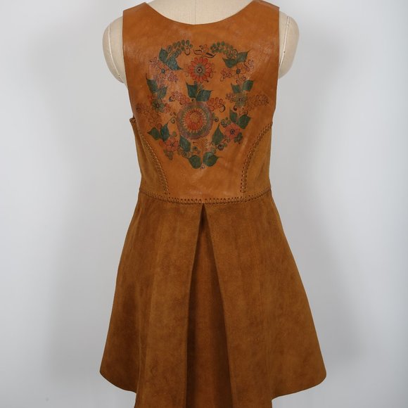 Vintage CHAR Leather Dress 70s Hippie Boho Handmade Hand Painted Florals - Picture 4 of 7